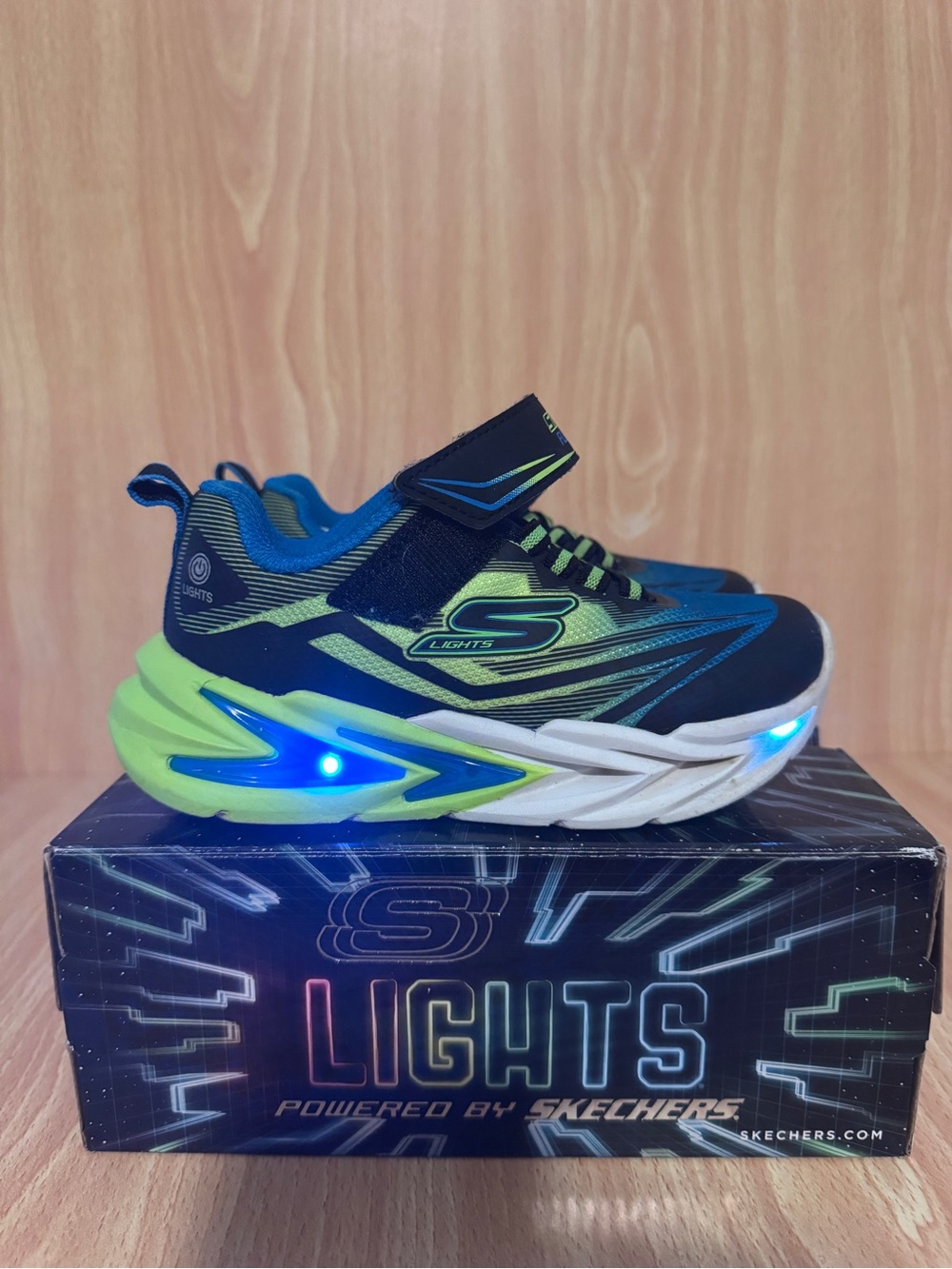 Skechers Kids Light-Up Sneakers in Blue & Neon Green